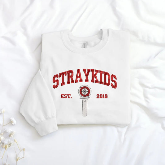 Sweatshirt With Bold Red Stray Kids Lightstick Est 2018 Embroidery