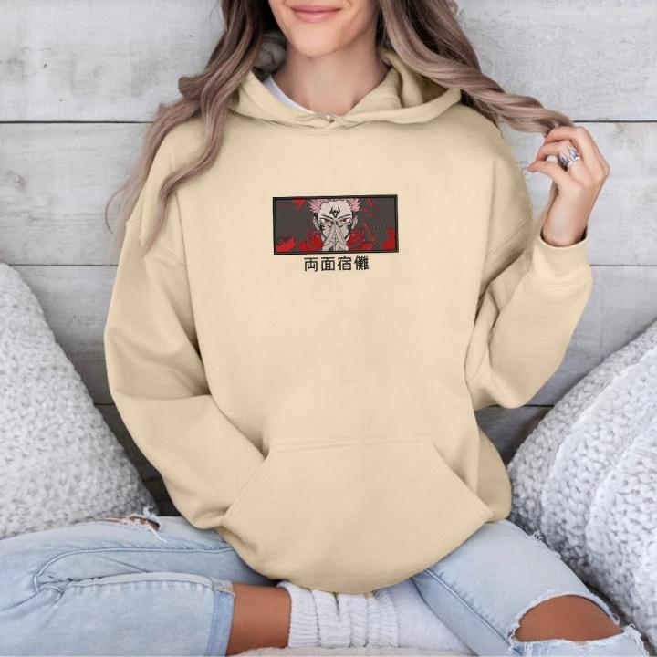 Cream hoodie with Sukuna cursed finger embroidery