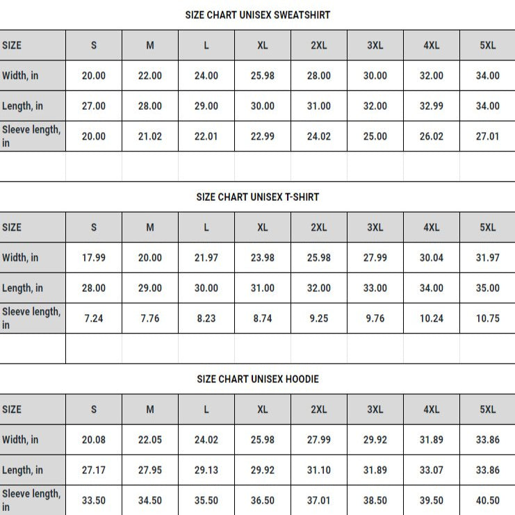 Sweatshirt, T-Shirt and Hoodie Size