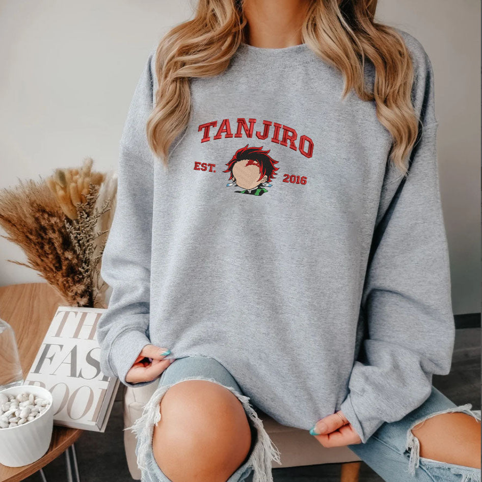Tanjiro Embroidered Sweatshirt in White Sport Gray Color