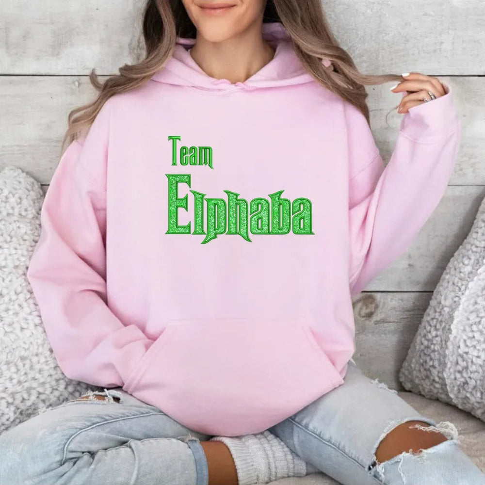 Team Elphaba Pink Hoodie Green Glitter Witch Hat Embroidered 
