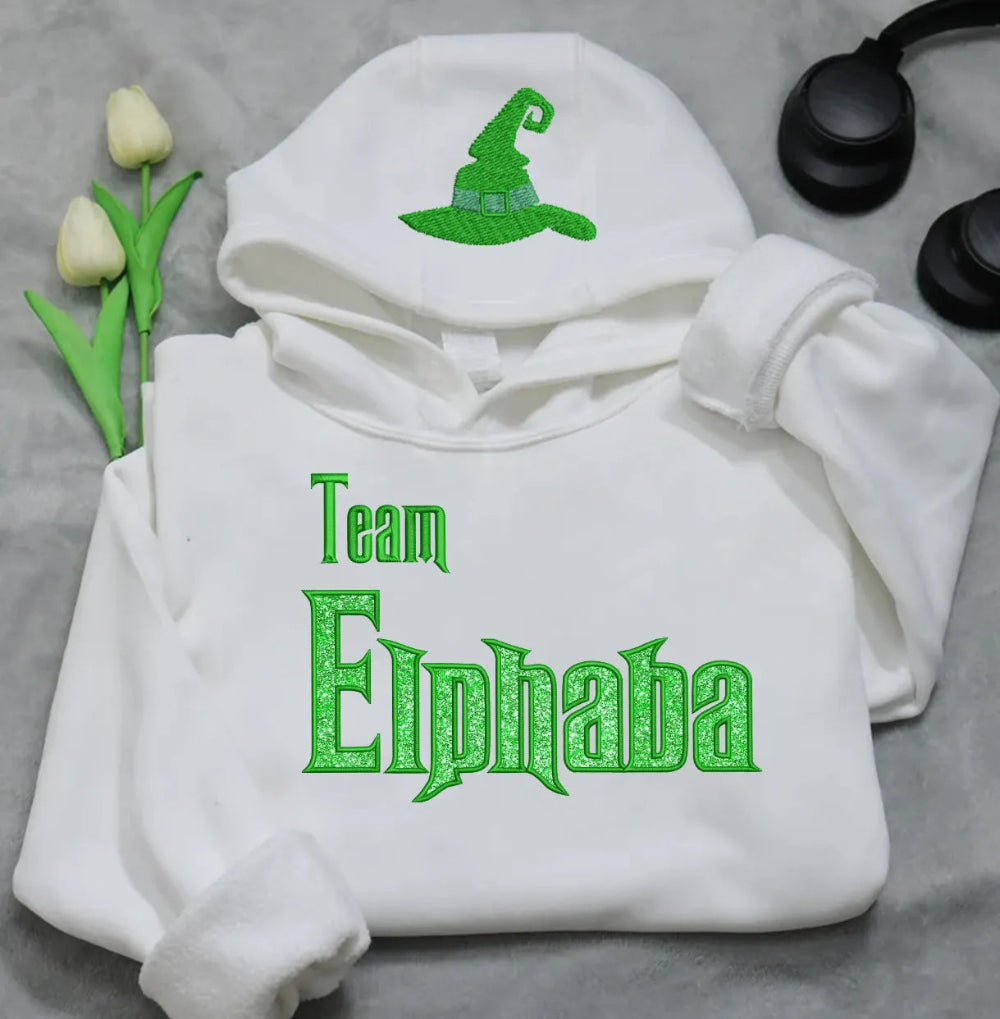 Team Elphaba Hoodie Green Glitter Witch Hat Embroidered Vintage Pullover