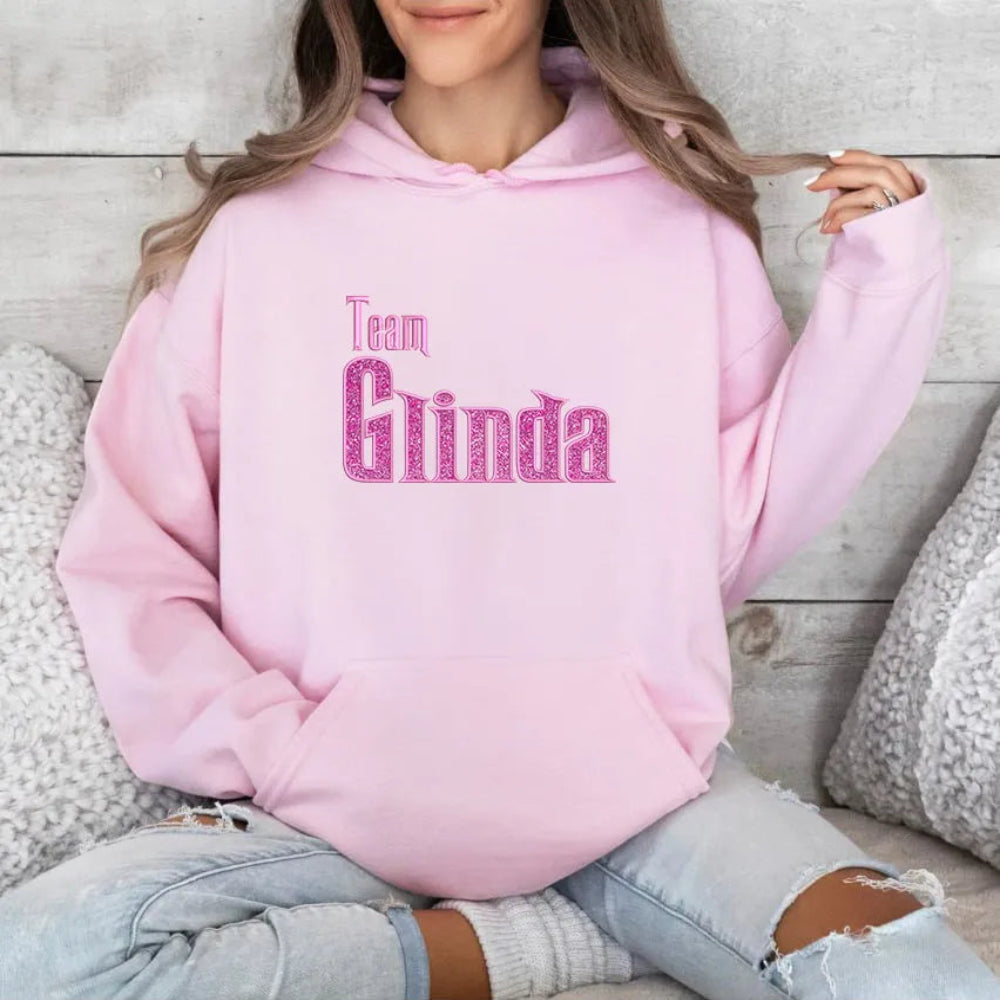 Team Glinda Embroidered Hoodie Pink Glitter Crown Sparkly Sweatshirt