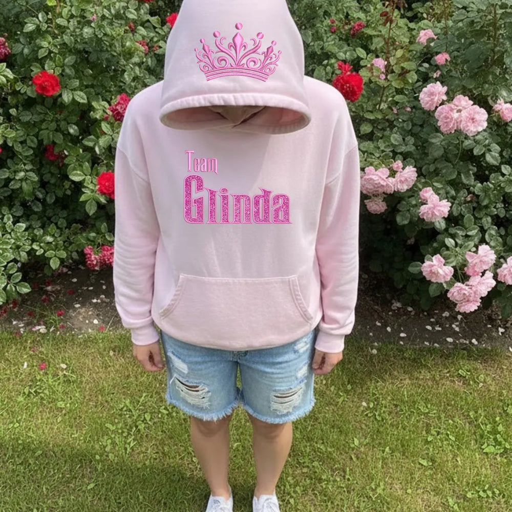 Team Glinda Pink Hoodie Glitter Crown Embroidered Cozy Oversized Sweatshirt