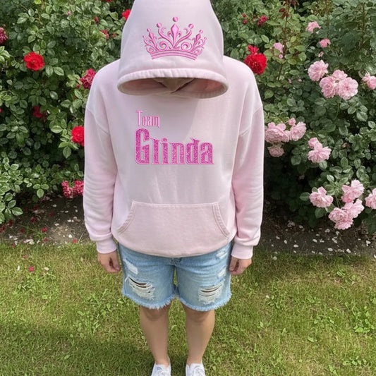 Team Glinda Pink Hoodie Glitter Crown Embroidered Cozy Oversized Sweatshirt