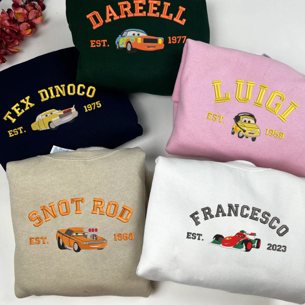 Five Pixar Cars sweatshirts: Darell, Luigi, Tex, Snot Rod, Francesco
