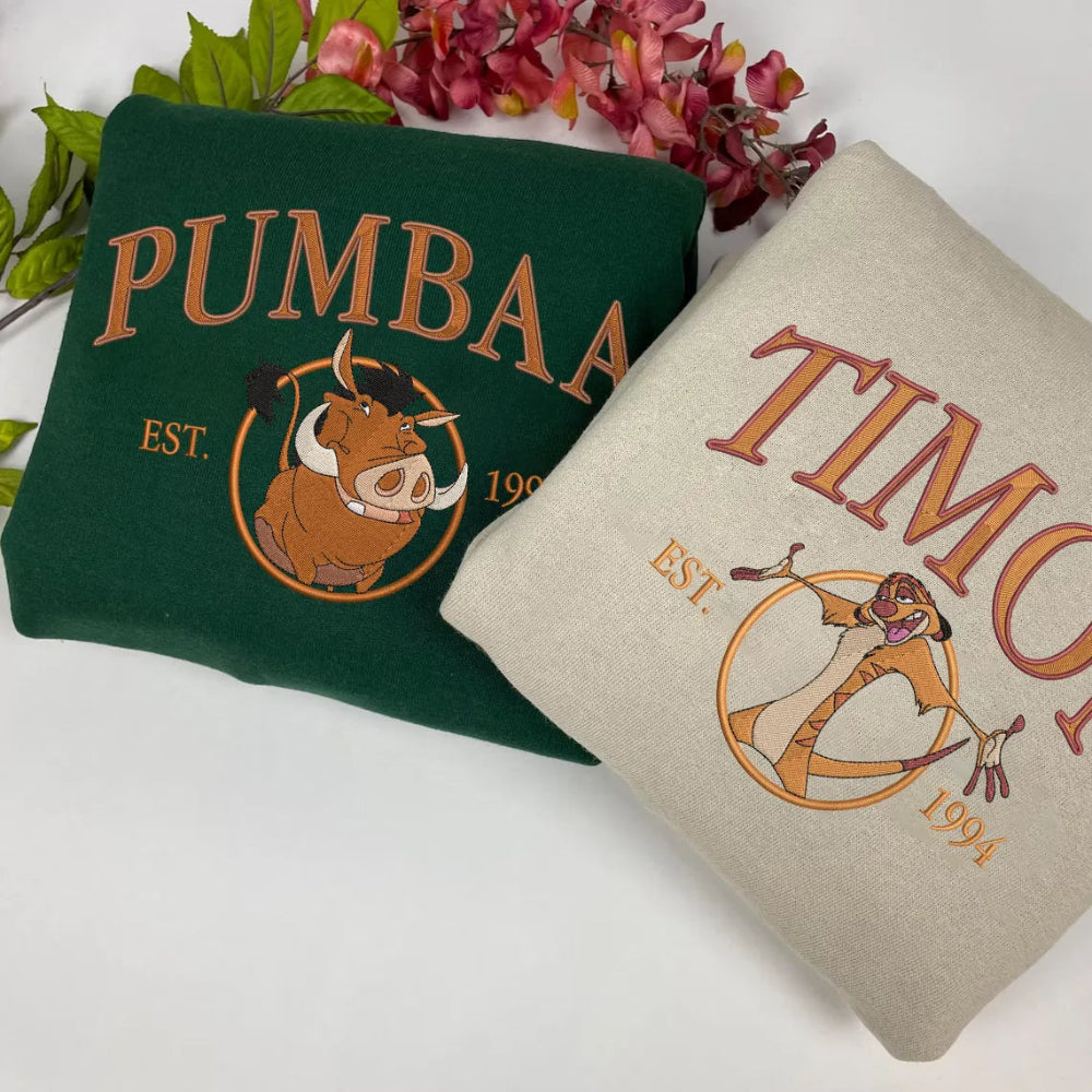 Sweatshirts With Pumbaa And Timon Embroidered On Floral Background