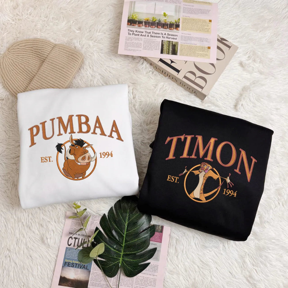 White, Black Sweatshirts With Pumbaa, Timon Circle Designs Est 1994