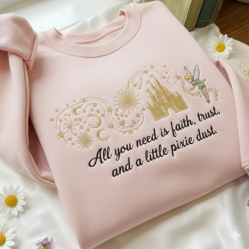 Sweatshirt Tinker Bell Pixie Dust Faith Trust Embroidered Design Folded.