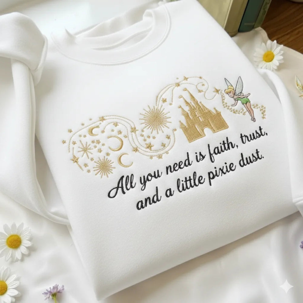 White Sweatshirt Minimalist Tinker Bell Disney Castle Pixie Dust Embroidered 