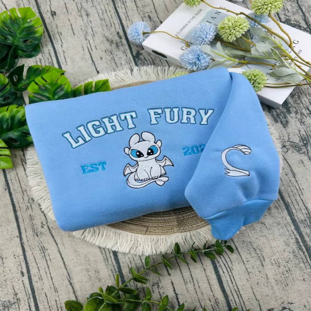 Light Blue Toothless and Light Fury Embroidered  Sweatshirt