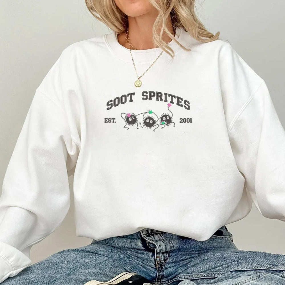 White Sweatshirt With Soot Sprites And Est 2001
