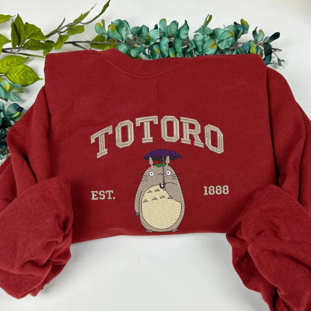Maroon Sweatshirt With Totoro Holding Umbrella Est 1888
