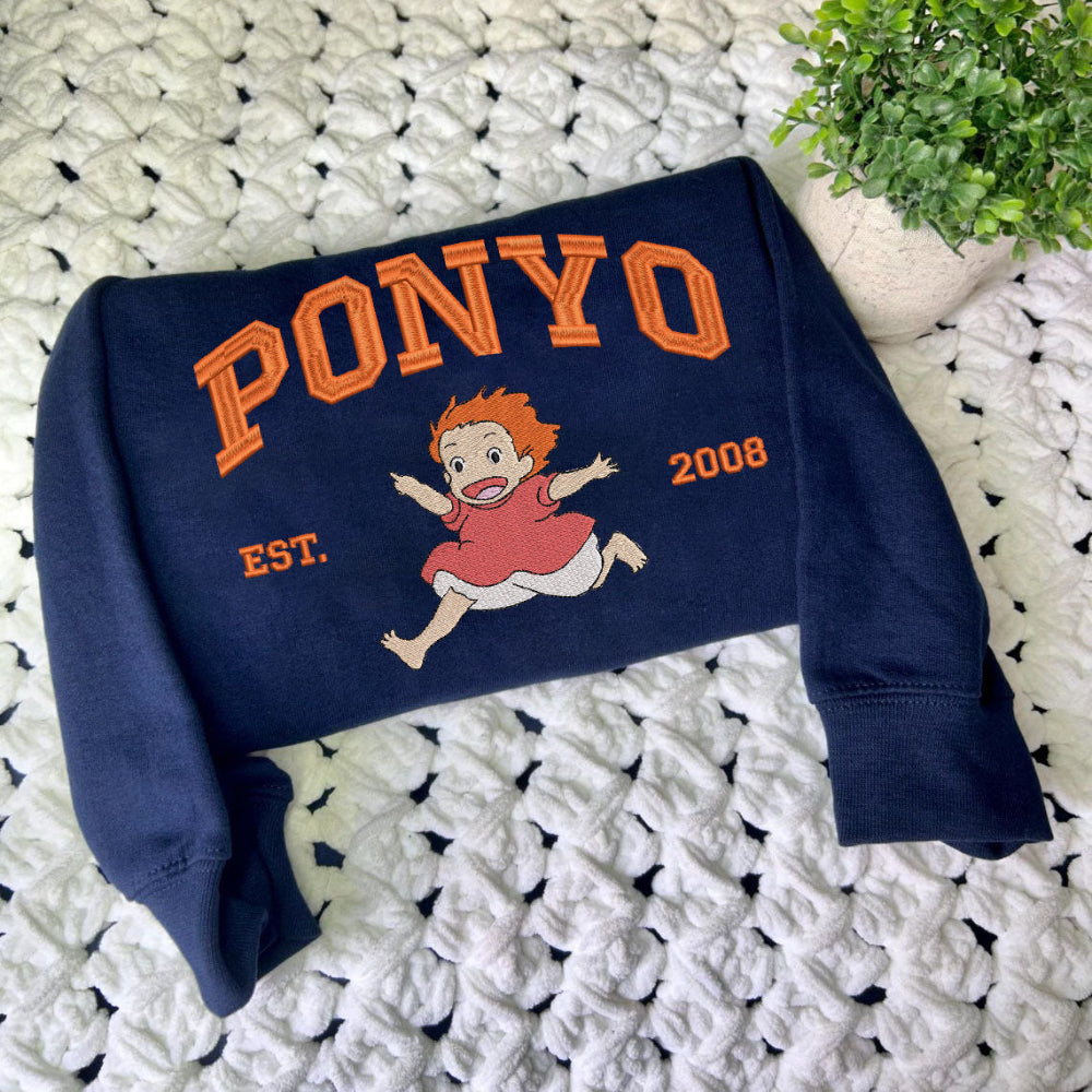 Navy Ponyo Running 2008 Crewneck With Green Plant Decor