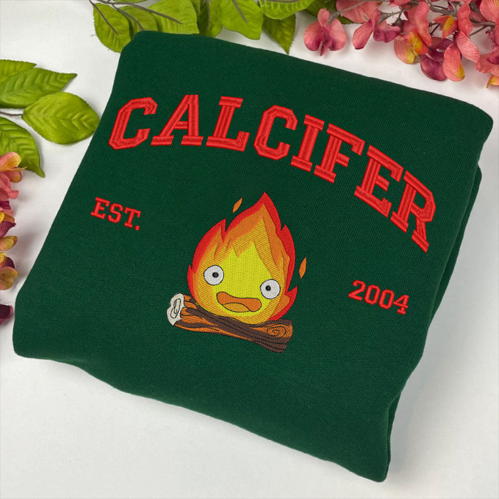 Forest Green Calcifer Fire 2004 Embroidered On White Surface