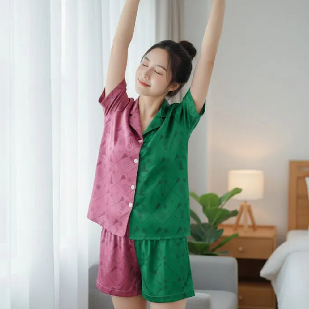 Happy Woman Stretching In Silky Soft Wicked Pajama Set