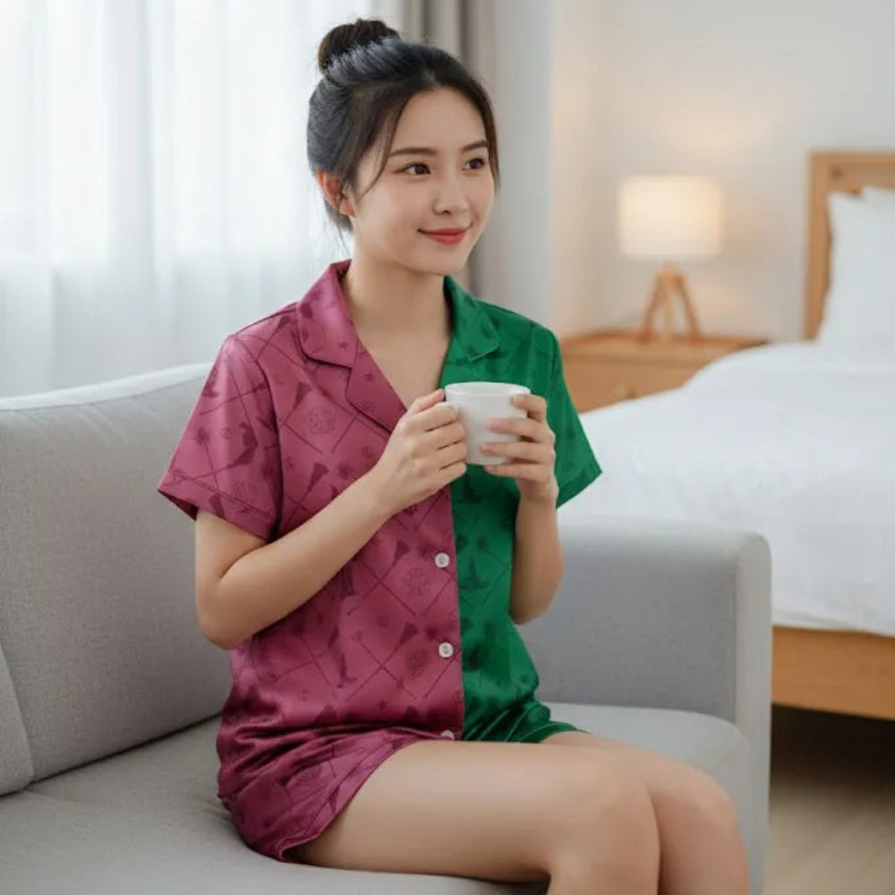 Relaxed Woman In Silky Wicked Pajama Set Cozy Lounge