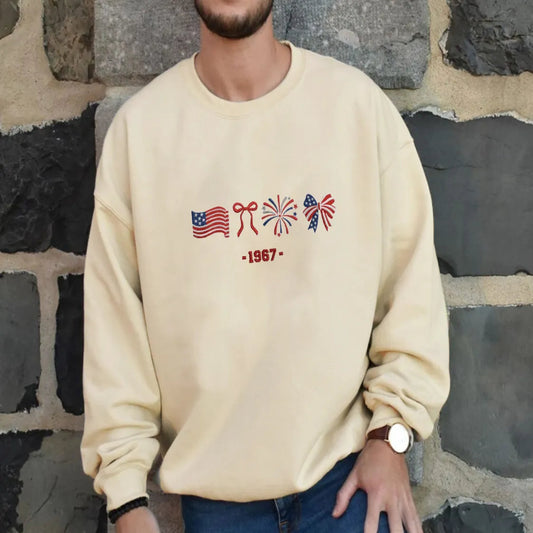 Sweatshirt With American Flag Bows Fireworks Embroidered 1967 On Model