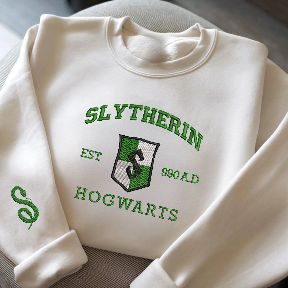 Sand Slytherin Sweatshirt With Green Embroidered Crest And Sleeve Detail