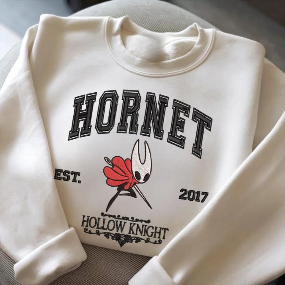 White Hornet Embroidered Crewneck Folded, Red Flower Bug Knight Embroidery
