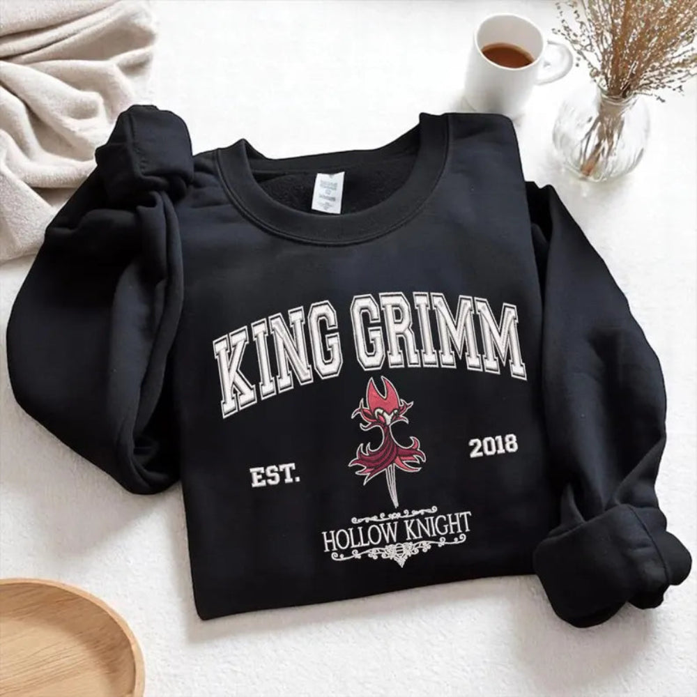 Black King Grimm Embroidered Sweatshirt Folded, Red Flame Moth Design
