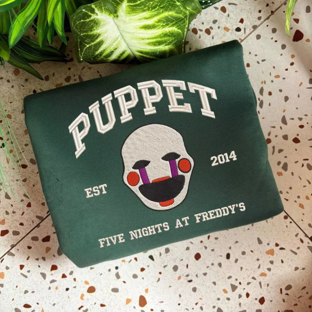 Forest Green Puppet Embroidered Sweatshirt Folded, Spooky Vintage Fazbear Style