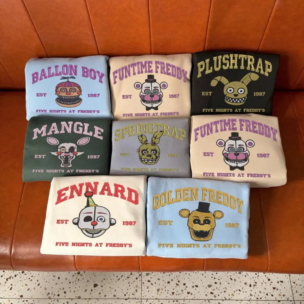 Colorful Circus To Ennard FNAF Crewnecks On Couch, Nostalgic Collection