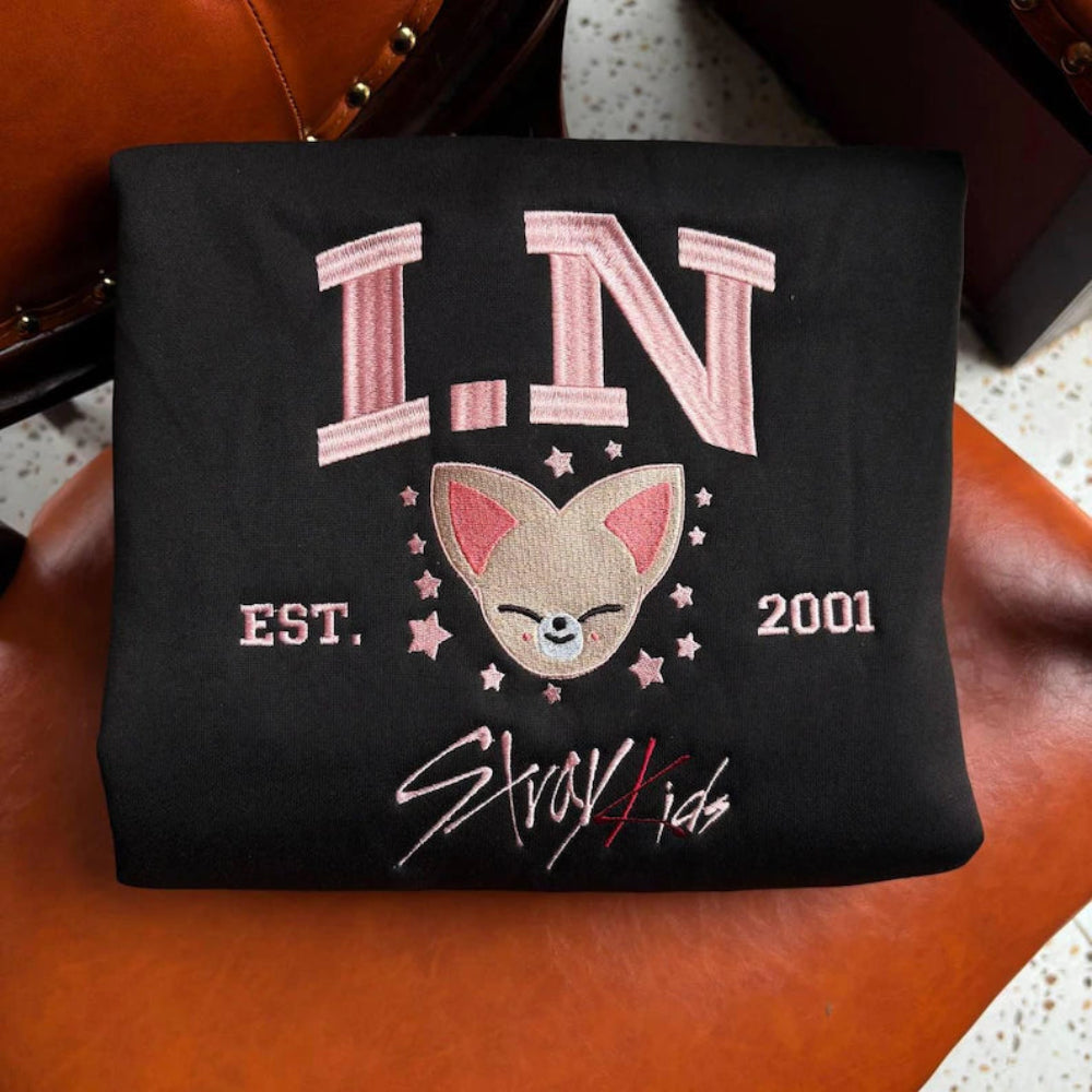 Black I.N Embroidered Sweatshirt Folded, Pink Fox SKZOO 2001 Detail