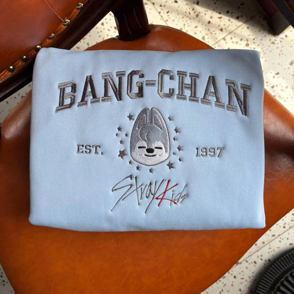 Light Blue Bang Chan Embroidered Crewneck Folded, Grey Wolf SKZOO 
