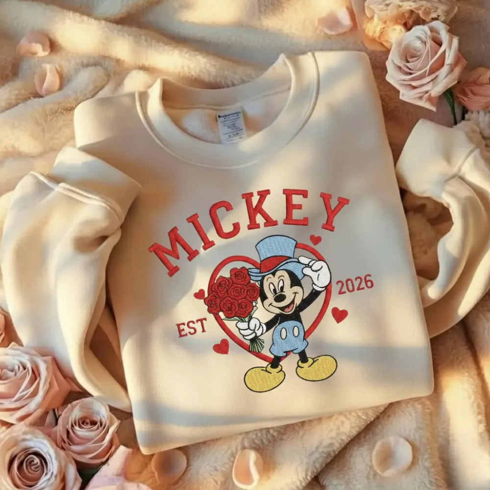 Sand Sweatshirt Mickey Mouse Bouquet Heart Est 2026 Embroidered Folded.