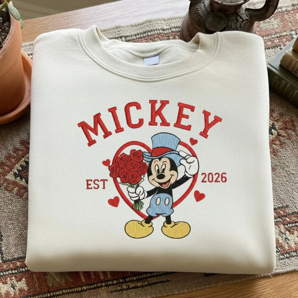 Cream Sweatshirt Mickey Holding Roses Forever Sweethearts Embroidered Close-Up.