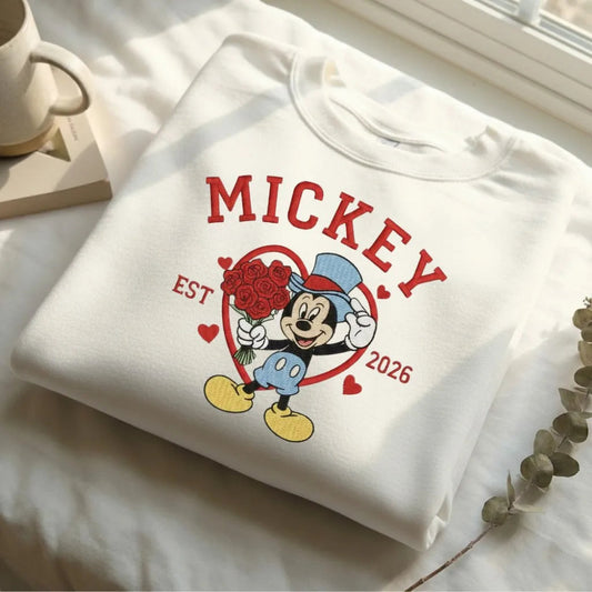 White Sweatshirt Mickey Mouse Roses Heart Mickeykey Est 2026 Embroidered.