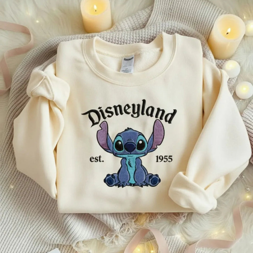 Sand Sweatshirt Stitch Sitting Disneyland Est 1955 Embroidered Design