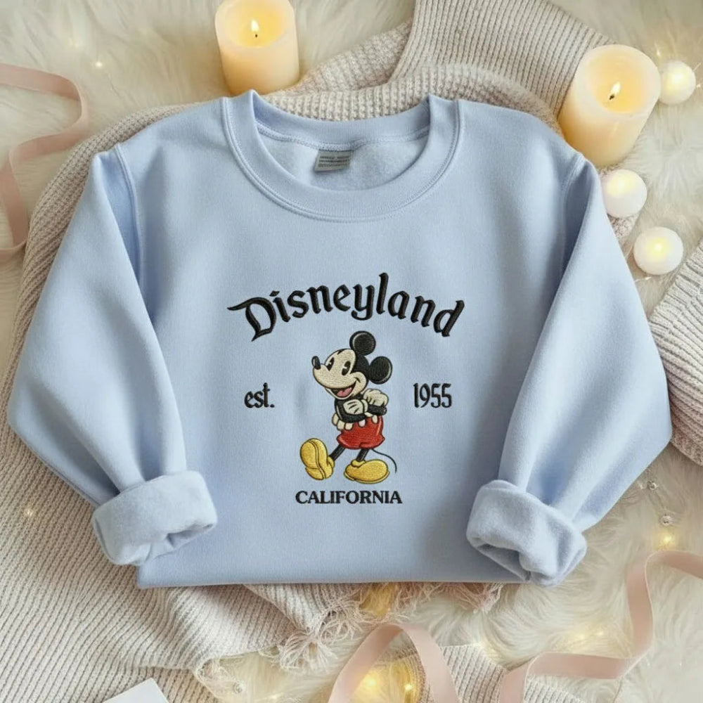 Light Blue Sweatshirt Mickey Mouse Holding Hands Disneyland Est 1955
