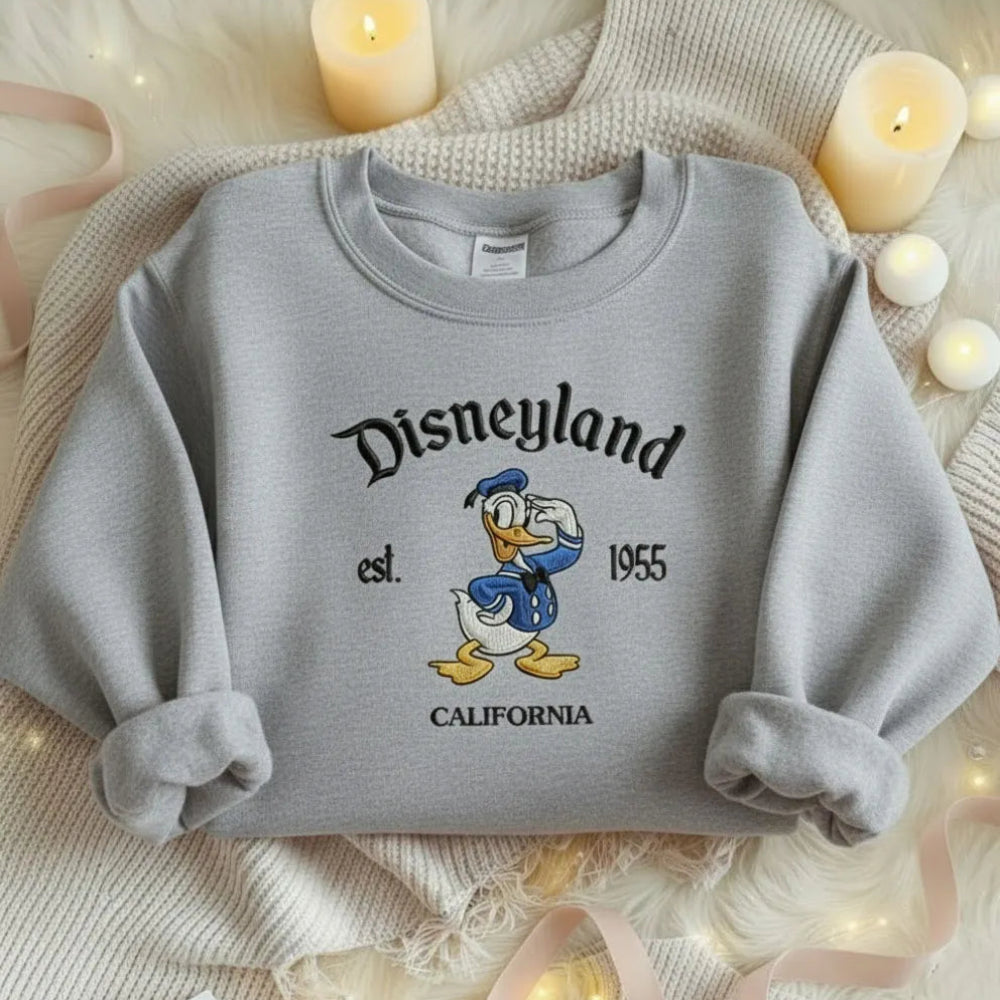 Gray Crewneck Donald Duck Saluting Disneyland Est 1955 Embroidered