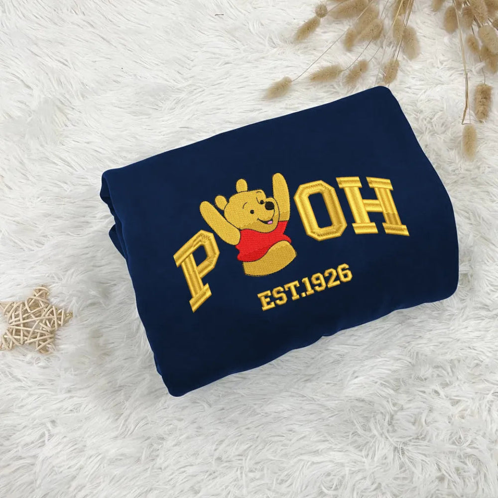 Folded Navy Pooh Embroidered Sweatshirt With Gold Varsity Text