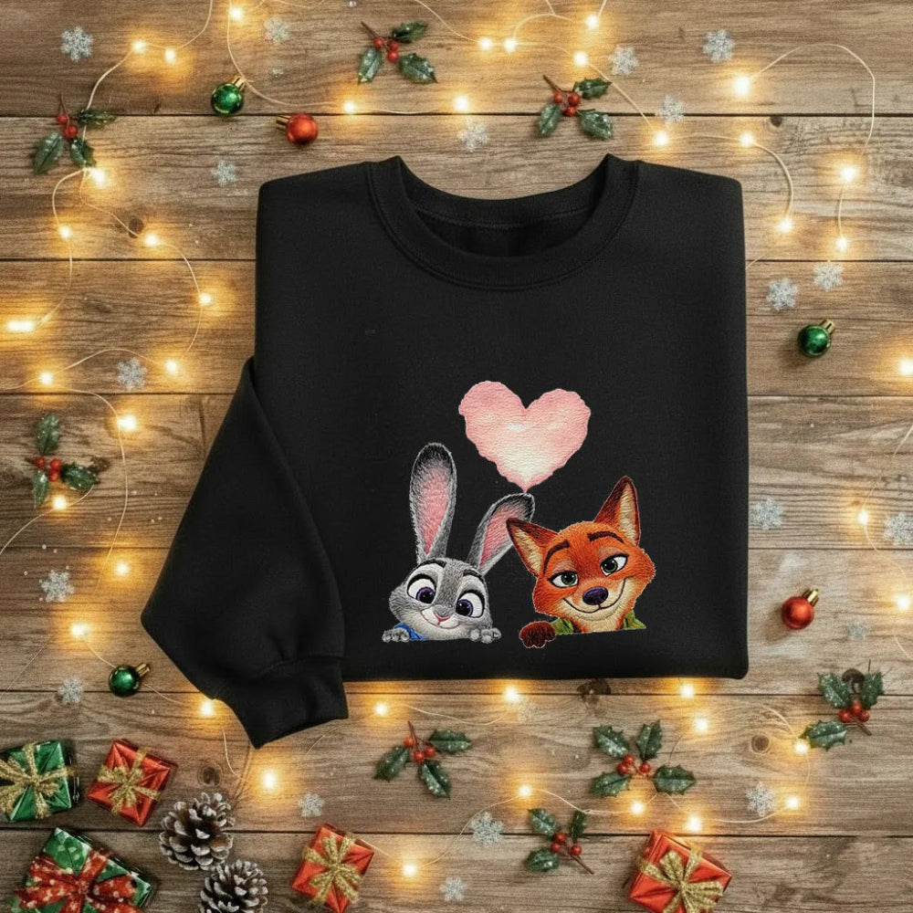 Black Sweatshirt With Embroidered Nick Wilde And Judy Hopps Peeking
