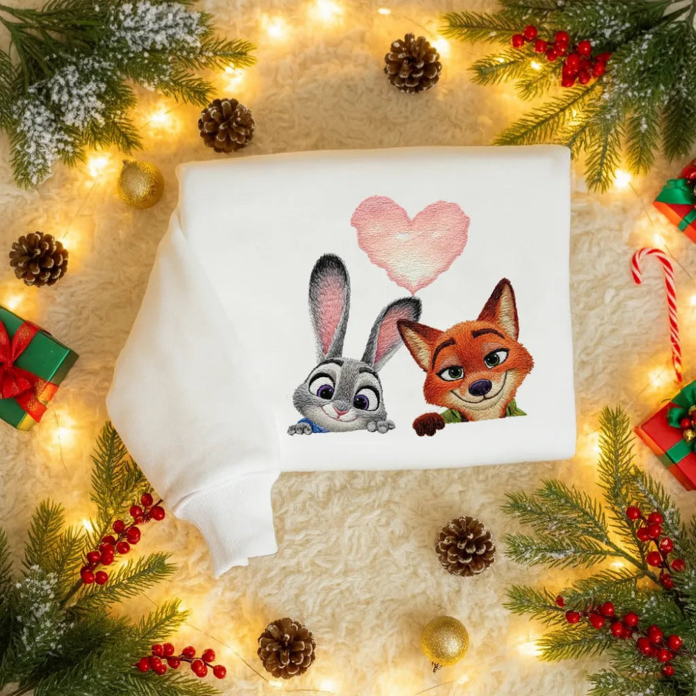 Sweatshirt Featuring Embroidered Zootopia Bunny And Fox With Pink Heart