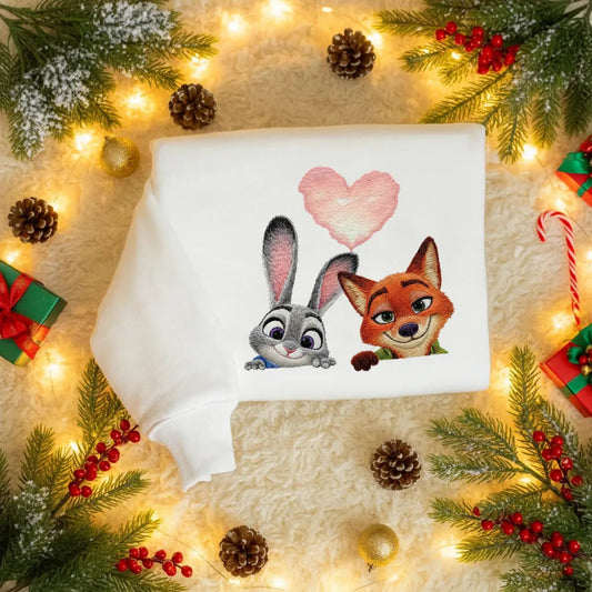 Sweatshirt Featuring Embroidered Zootopia Bunny And Fox With Pink Heart