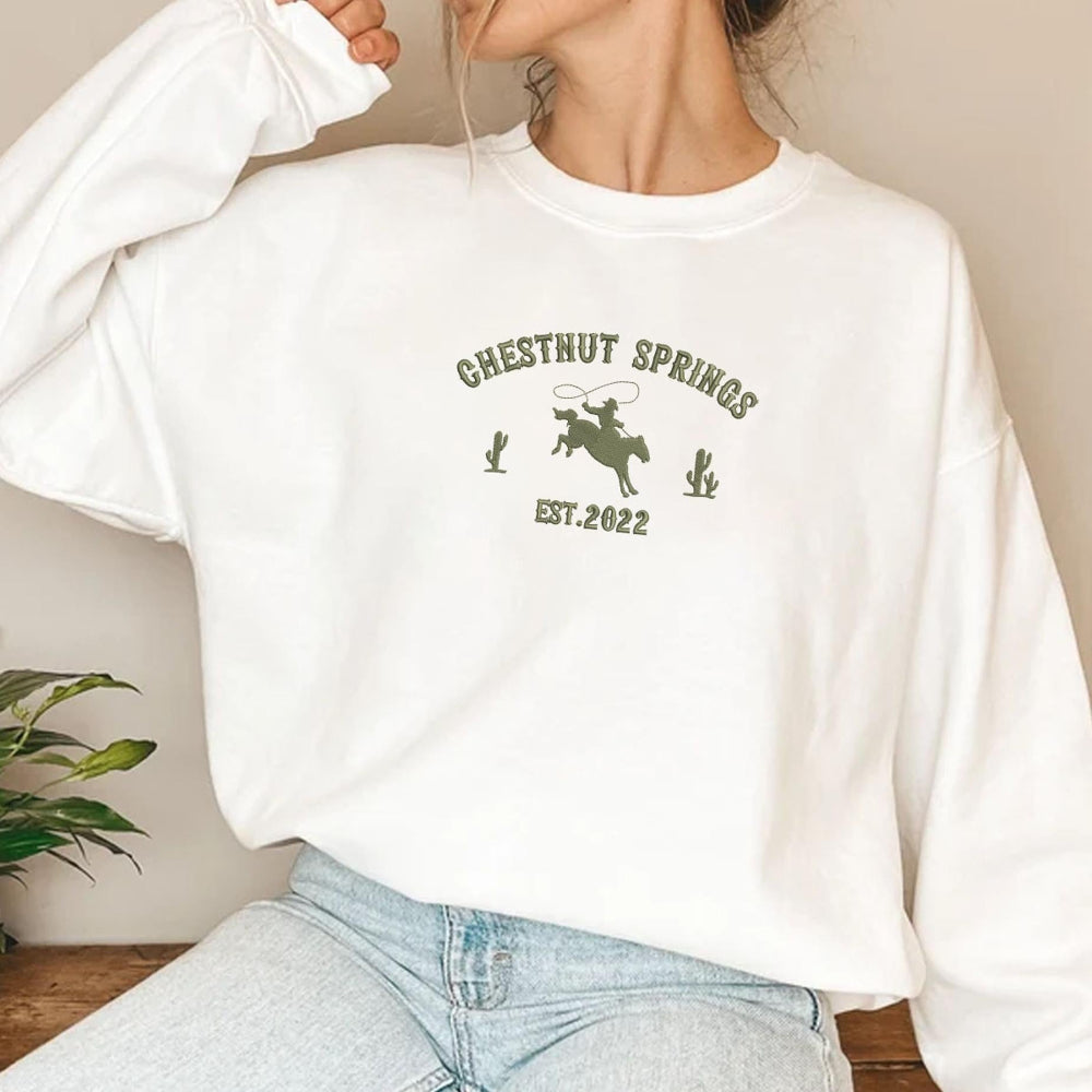 White Chestnut Springs Est.2022 Crewneck Cozy Model Pose