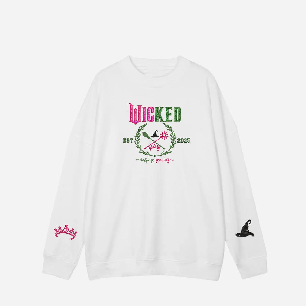Oversized White Wicked Sweatshirt, Sparkling Defying Gravity Logo.