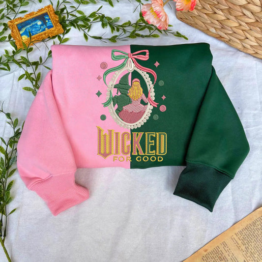 Folded Pink-Green Wicked For Good Embroidered Sweatshirt, Detailed Bow Mirror Sesign.