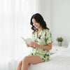 Serene Model Reading In Breathable Green Bow Pajama Set Cozy