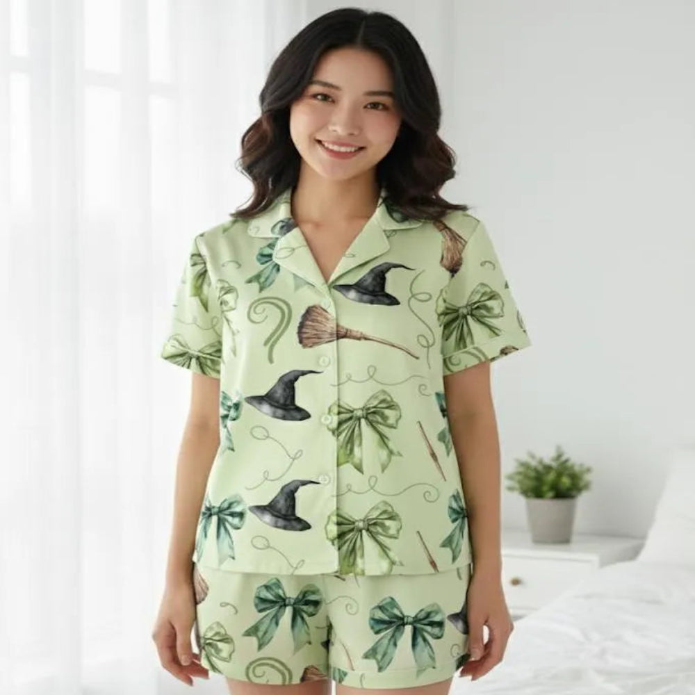 Graceful Woman In Luxurious Green Witch Pajama Set Relaxed Fit