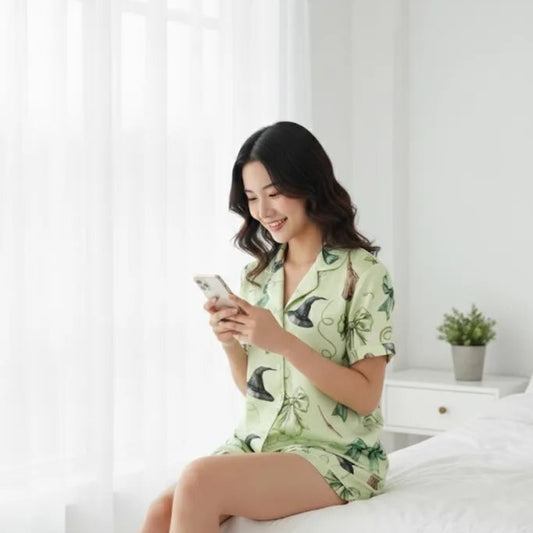 Happy Woman In Silky Soft Green Witch Pajama Set Lounge