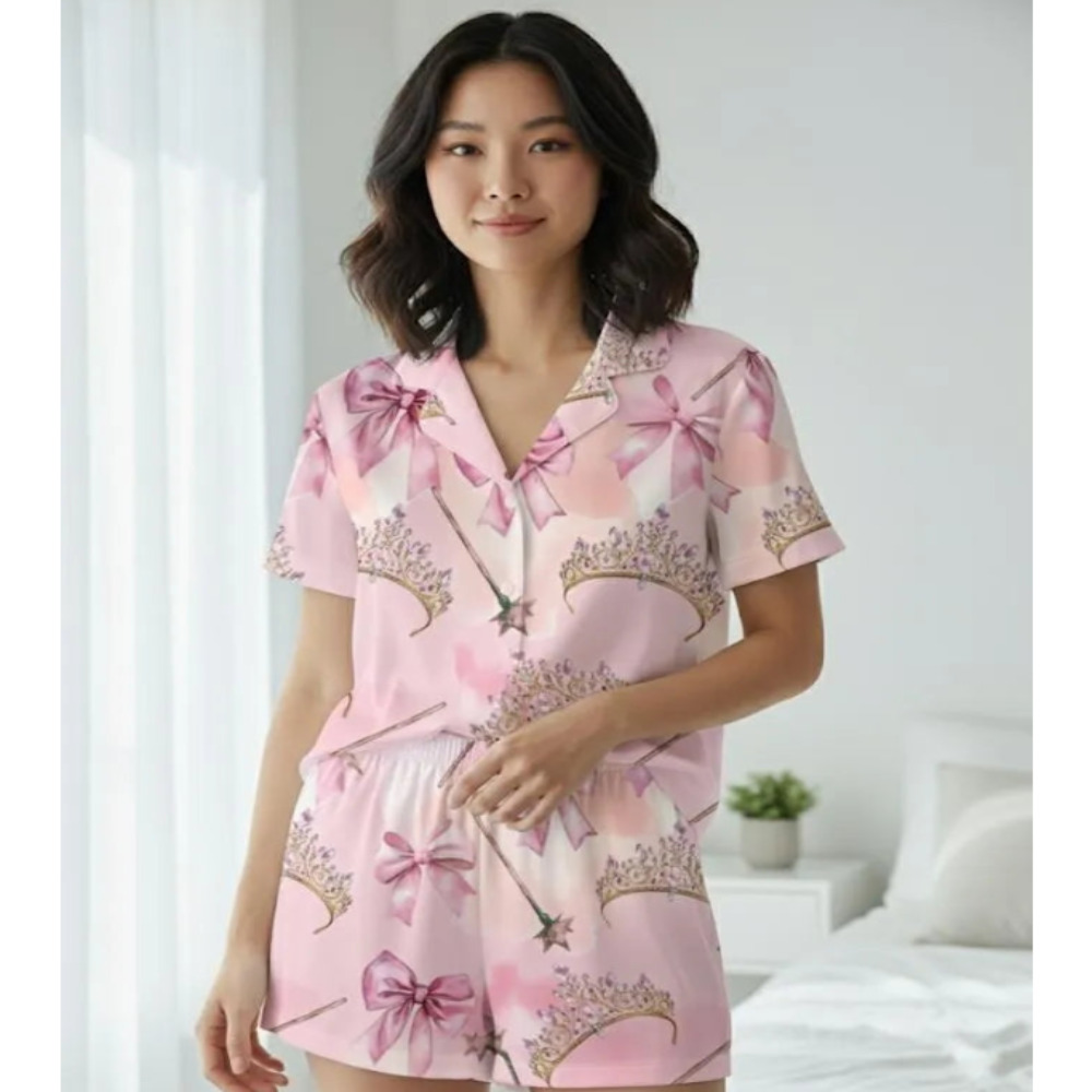 Elegant Woman In Silky Pink Bow Pajama Set Luxurious Comfort
