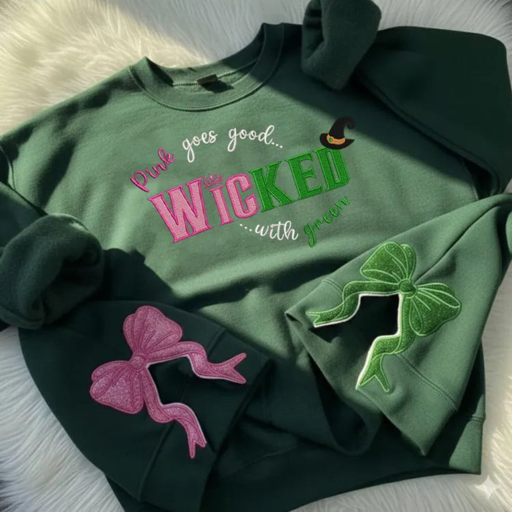 Green Pink Split Wicked Sweatshirt Embroidered Bow Movie Inspired