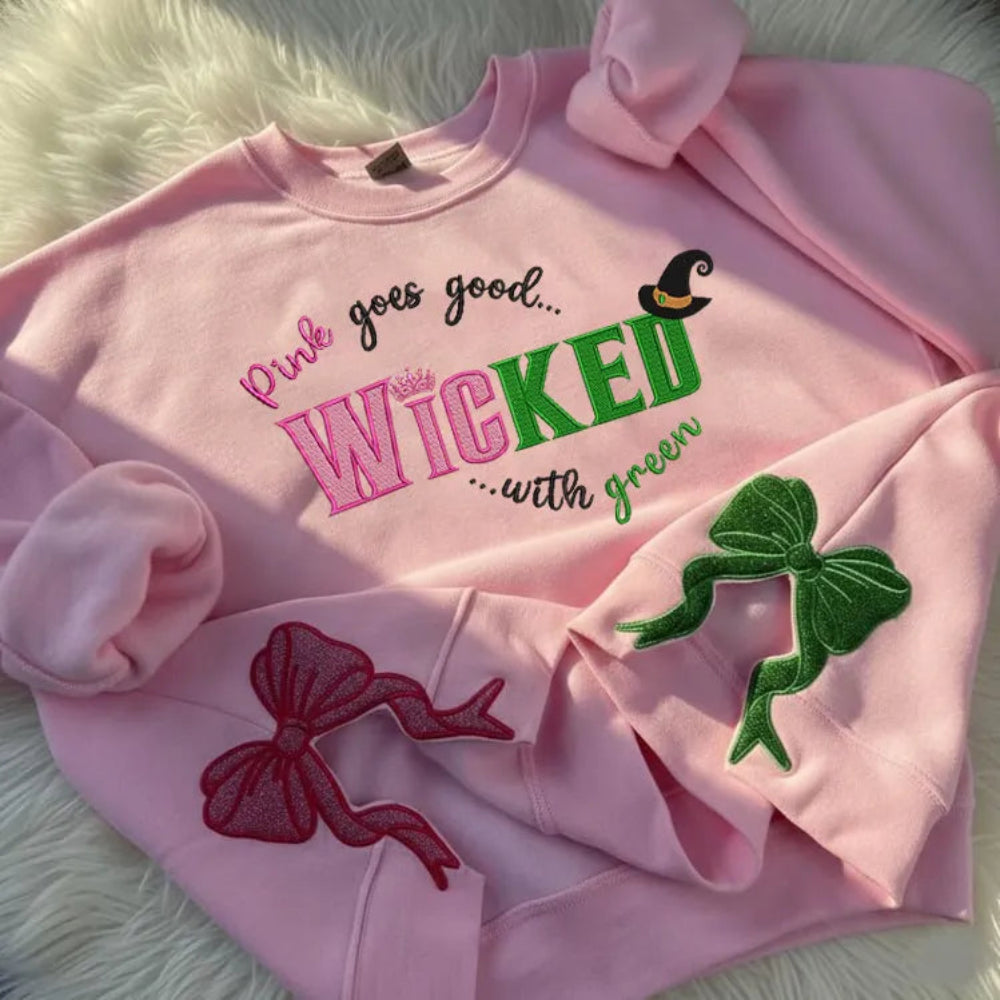 Pink Wicked Crewneck Embroidered Bow Green Hat Sparkly Sweatshirt