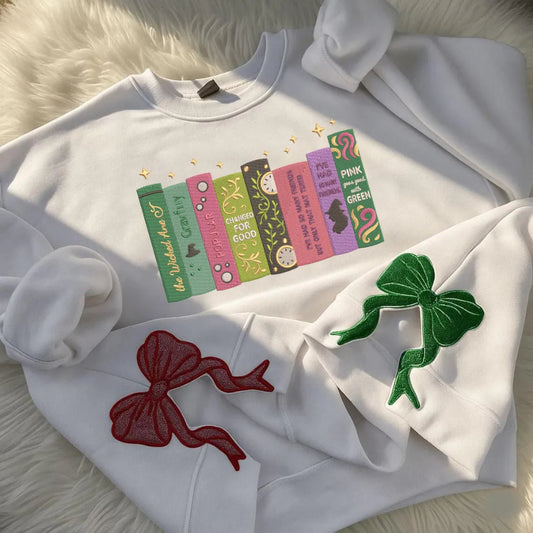 Wicked Book Stack Crewneck Embroidered Pink Green Bow Musical Inspired