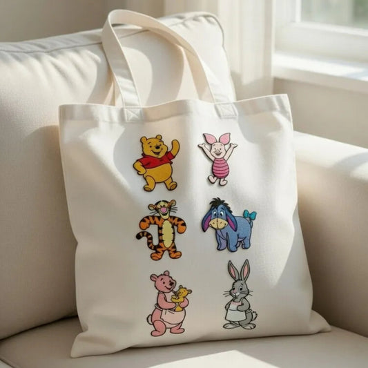 Tote Bag Adorned With Six Winnie The Pooh Friends Patches
